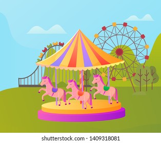 Amusement park vector, trees and nature, greenery of forest. Ferris wheel high construction and roller coaster, leisure for kids and adults, spring fun