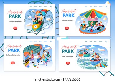 Amusement Park Vector Webpage Template Set. Cheerful Parents And Children Cartoon Characters. Happy People Ride On Carousel, Roller Coaster And Ferris Wheel. Active Family Recreation, Entertainment