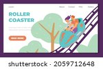 Amusement park web banner layout with people riding on roller coaster super extreme attraction, flat vector illustration. Roller coaster amusement park rides.