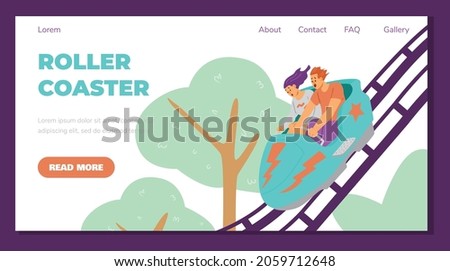 Amusement park web banner layout with people riding on roller coaster super extreme attraction, flat vector illustration. Roller coaster amusement park rides.