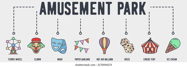 Amusement Park web icon. ferris wheel, clown, theatre mask, paper garland, hot air balloon, dices, circus tent, ice cream vector illustration concept.
