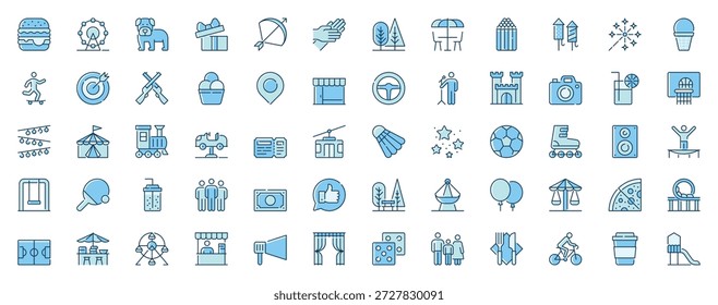 Iconos web del parque de atracciones establecidos en diseño de línea. Duotone pictograma paquete de comida rápida, carrusel, noria, regalos, café, fuegos artificiales, carnaval, atracción, más signos de trazo de contorno. Ilustración vectorial.