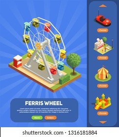 Amusement park web page with ferris wheel composition 3d isometric vector illustration