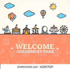 Amusement Park Welcome Card Invitation witch Thin Line Icons Attractions and Carousels for Holiday Leisure. Vector illustration