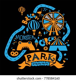 Amusement Park for the whole family, attractions and walking paths, pond, and ice cream, coffee, Ferris wheel, balloon, ride a Monster, a circus. For prints in the nursery, on t-shirts, dresses