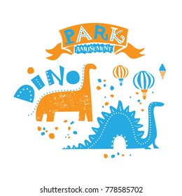 Amusement Park for the whole family. Illustration of two dinosaur rides. For prints in the nursery, on t-shirts, dresses and shoes