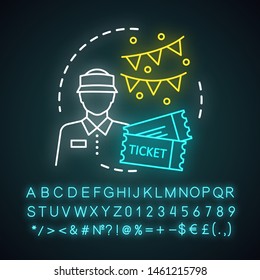 Amusement Park Worker Neon Light Icon. Summer Part-time Job. Ticket Checker. Theme Park Staff, Personnel. Glowing Sign With Alphabet, Numbers And Symbols. Vector Isolated Illustration