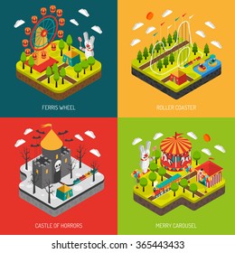 Amusement part 4 isometric icons square composition banner with big observation wheel attraction abstract isolated vector illustration  