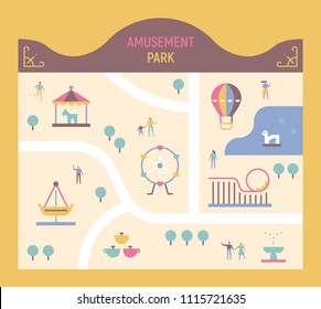 Amusement Part Map Flat Design Style Vector Graphic Illustration Set