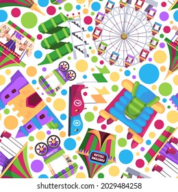 Amusement pattern. Carousel festive attractions for kids wheels roller cotton and sweets garish vector seamless background for textile design projects