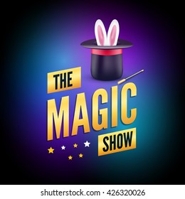 Amusement poster design template. Magician logo concept with hat, rabbit and wand. Attraction carnival card for children