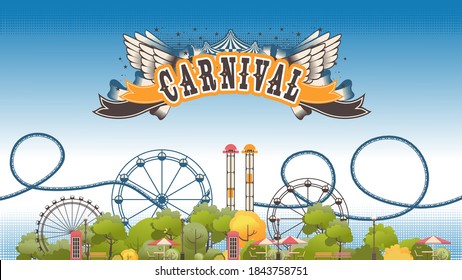 amusement and recreation park with attractions vector horizontal illustration