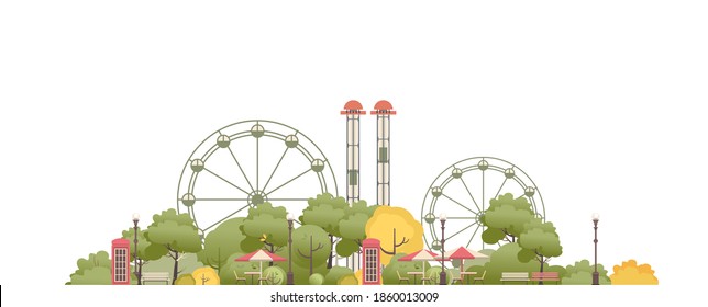 amusement and recreation park with attractions vector horizontal illustration