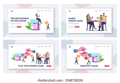 Amusement Recreation Spare Time Landing Page Template Set. Family Characters Parents and Kids Playing with Kinetic Magic Sand for Fun and Motor Skills Development. Cartoon People Vector Illustration