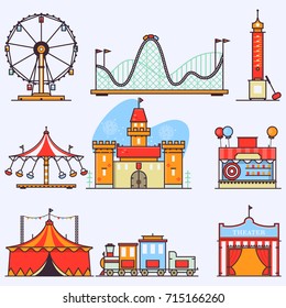 Amusement ride or luna park roller coasters entertainment vector set. Linear style illustrations isolated on white.