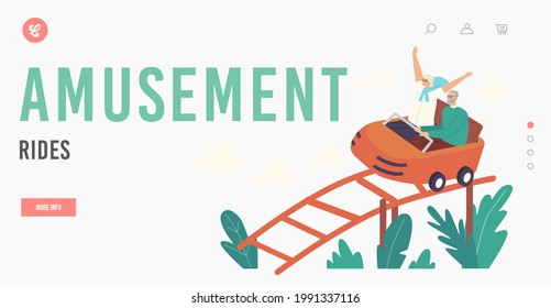 Amusement Rides Landing Page Template. Excited Senior Couple Characters Riding Roller Coaster. Aged Woman Cheer with Raised Hands, Man Hold Bar. Weekend Recreation. Cartoon People Vector Illustration