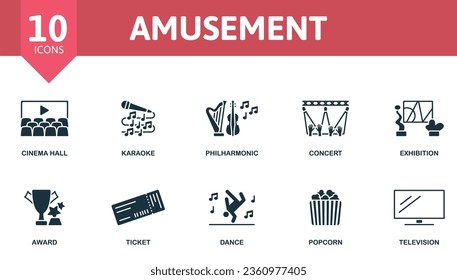 Amusement set. Creative icons: cinema hall, karaoke, philharmonic, concert, exhibition, award, ticket, dance, popcorn, television.