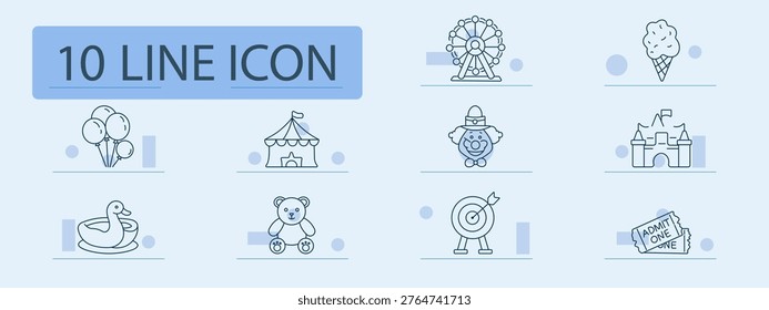 Amusement set icon. Balloons, carousel, ferriswheel, icecream, castle, duck, teddy, target, ticket, entertainment, funfair, attraction, park, leisure, festival, joy