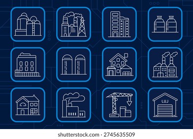 Amusement set icon. Circus tent, toy cat, carousel horse, unicycle, hot air balloon, popcorn, bumper car, park gate, roller coaster, snack stall, castle, big top