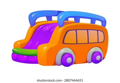 Amusement trampoline park vector bouncy house, inflatable slide as orange bus with purple wheels and windows and blue handles on top. Playground, entertainment, amusement park, kids party bouncy slide