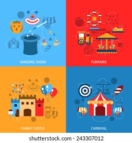 Amusements park flat icons set with amazing show funfairs funny castle carnival isolated vector illustration