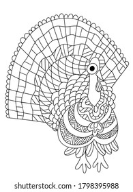 Divertida imagen vectorial de la página de coloreado de aves de pavo vivo. Feliz coloración del día de acción de gracias para niños hoja de trabajo imprimible de pasatiempo. Comedia cómica con un contorno negro turquía aislado en blanco