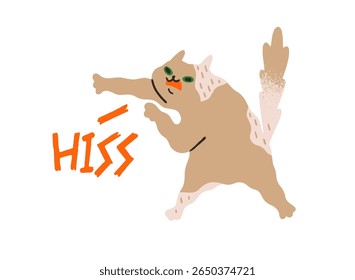 Amusing angry cat hisses. Furious kitten with anger in behavior, body language. Mad kitty is in attack pose. Frightened pet feels rage. Flat hand drawn isolated vector illustration on white background