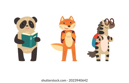 Amusing Animals Learning and Reading Books Set, Panda Bear, Fox and Zebra with Backpacks, School Education Concept Cartoon Vector Illustration