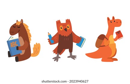 Amusing Animals Learning at School Set, Horse, Owl and Kangaroo Reading and Writing at Lesson, School Education Concept Cartoon Vector Illustration
