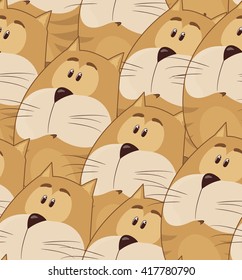 Amusing animation chubby cat. Seamless pattern for a background. Comical vector illustration