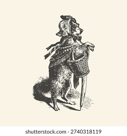 Amusing antique illustration of a fox dressed as a woman, carrying a basket and umbrella, ready for a walk
