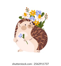 Amusing baby hedgehog carries bouquet of pretty flowers. Cute prickly animal holds wildflower in paws. Happy funny rodent with posy of plants. Flat isolated vector illustration on white background