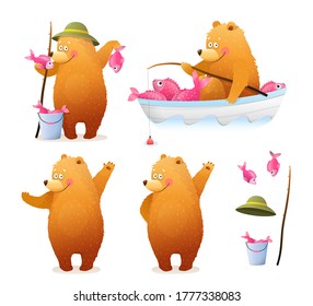 Amusing Bear Fisherman with bucket of fish and rod sitting in the boat, and standing with catch. Cute baby cub Bear watercolor style cartoon for kids. Vector clipart illustration collection.