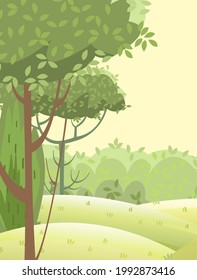 Amusing beautiful forest landscape. Cartoon style. Grass hills. Distant horizon. Rural natural look. Cool romantic pretty. Flat design illustration. Vector art