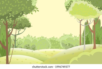 Amusing beautiful forest landscape. Cartoon style. Grass hills. Rural natural look. Green. Cool romantic pretty. Flat design illustration. Vector art	