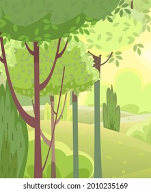 Amusing beautiful forest landscape. Cartoon style. Bushes. Grass hills. Rural natural look. Cool romantic pretty. Flat design illustration. Vector art