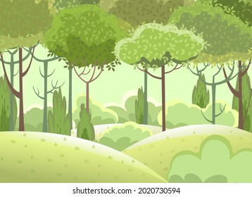 Amusing beautiful forest landscape. Cartoon style. Grass hills. Foliage. Rural natural look. Cool romantic pretty. Flat design illustration. Vector art