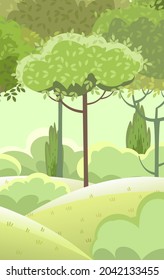Amusing beautiful forest landscape. Cartoon style. Grass hills. Summer. Rural natural look. Cool romantic pretty. Flat design illustration. Vector art.