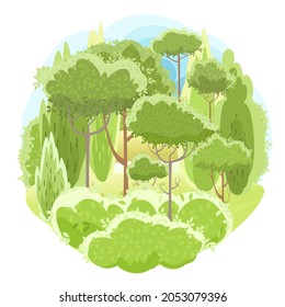 Amusing beautiful forest landscape. Cartoon style. Leaves. Grass hills. Rural natural look. Cool romantic pretty. Flat design illustration. Isolated on white background. Vector art