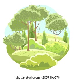 Amusing beautiful forest landscape. Cartoon style. Grass hills. Rural natural look. Cool romantic pretty. Flat design round illustration. Isolated on white background. Vector art.