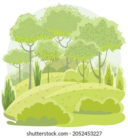 Amusing beautiful forest landscape. Green. Cartoon style. Grass hills. Rural natural look. Cool romantic pretty. Flat design illustration. Isolated on white background. Vector art.