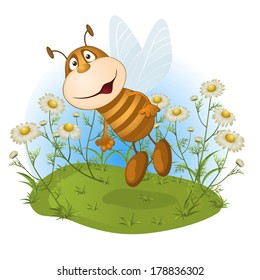 amusing bee on a flower glade. vector illustration