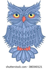 Amusing big blue owl with yellow eyes isolated on the white background, cartoon vector artwork