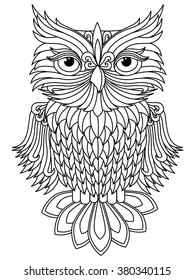 Amusing big owl black outline isolated on the white background, cartoon vector artwork