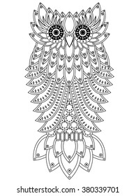 Amusing big owl with geometric elements black outline isolated on the white background, cartoon vector artwork