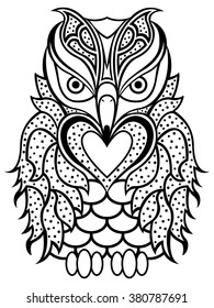 Amusing big owl with long beak black outline isolated on the white background, cartoon vector artwork