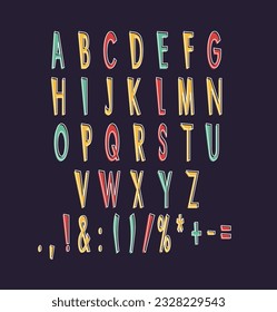 Amusing black alphabet set for dark theme. Vector decorative typography. Decorative typeset style. Latin script for headers. Trendy letters and numbers for graphic posters, banners, invitations texts