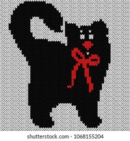Amusing black cat with red tie over white, knitting vector pattern as a fabric texture