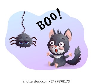 Amusing black cat and spider. Boo! Vector illustration.
