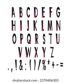 Amusing black, pink decor alphabet set. Vector decorative typography. Decorative typeset style. Latin script for headers. Trendy letters and numbers for graphic posters, banners, invitations texts